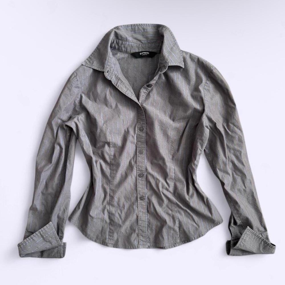 Vintage Y2K Express Fitted Grey Shirt Blue Satin Pinstripe Pointy Cuffs